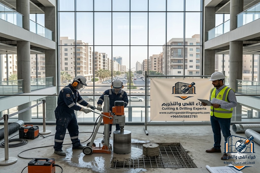 تخريم خرسانة بحي الصفا في جدة باستخدام أجهزة الكور الماسي لفتح كور المكيفات والكهرباء والسباكة والمصاعد بدقة عالية وبدون تكسير